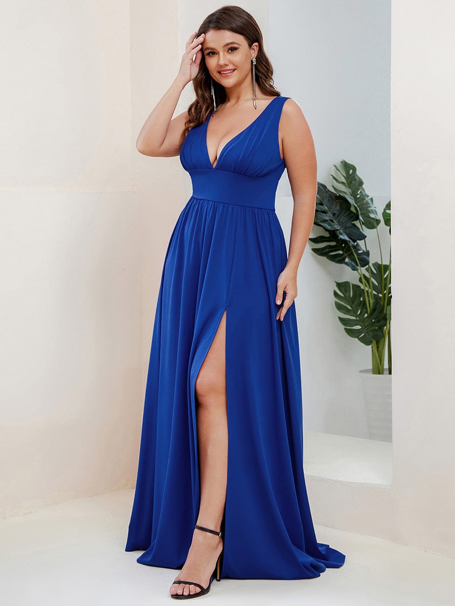 Plus Size Chiffon Lace Print Sleeveless Empire Waist V-Neck Evening Dress #color_Sapphire Blue