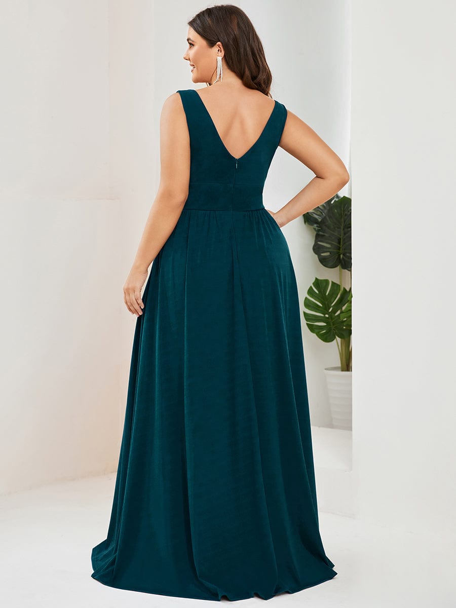 Plus Size Chiffon Lace Print Sleeveless Empire Waist V-Neck Evening Dress #color_Teal