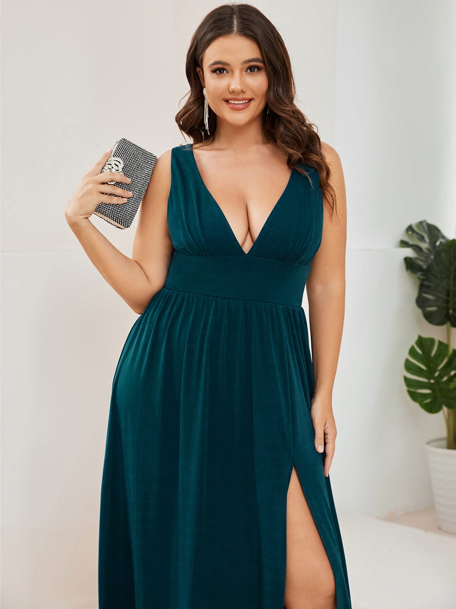 Plus Size Chiffon Lace Print Sleeveless Empire Waist V-Neck Evening Dress #color_Teal