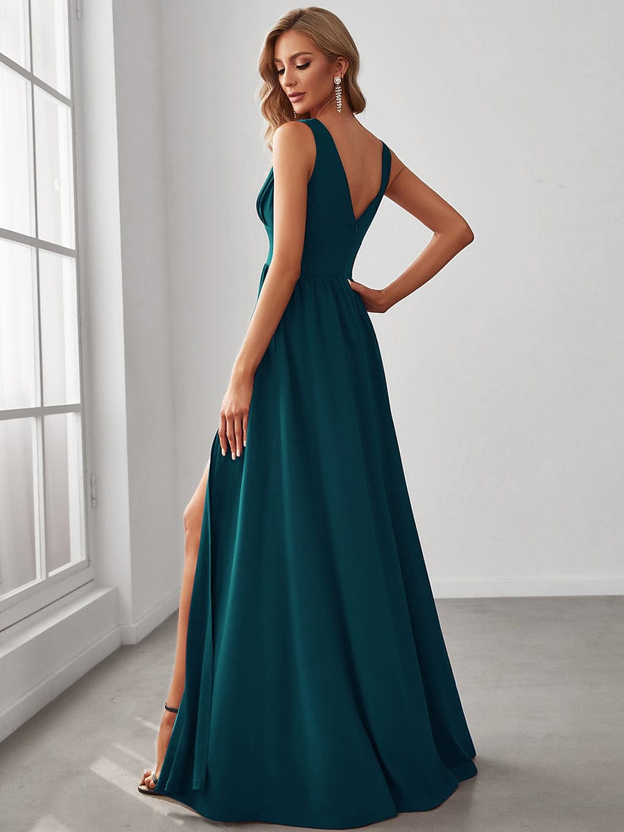 Stunning V-Neck Empire Waist Floor-Length Evening Dress with High Slit #color_Teal