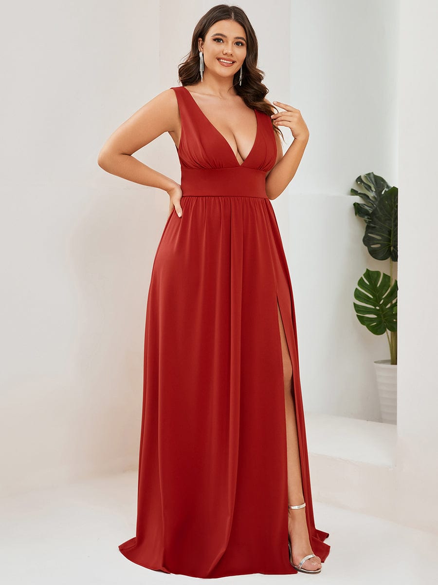 Plus Size Chiffon Lace Print Sleeveless Empire Waist V-Neck Evening Dress #color_Vermilion