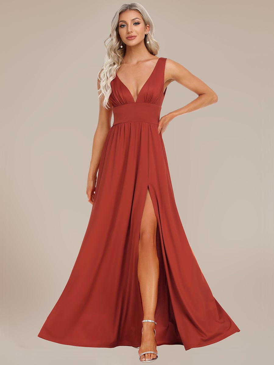Stunning V-Neck Empire Waist Floor-Length Evening Dress with High Slit #color_Vermilion