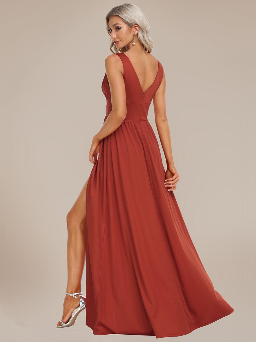 Stunning V-Neck Empire Waist Floor-Length Evening Dress with High Slit #color_Vermilion