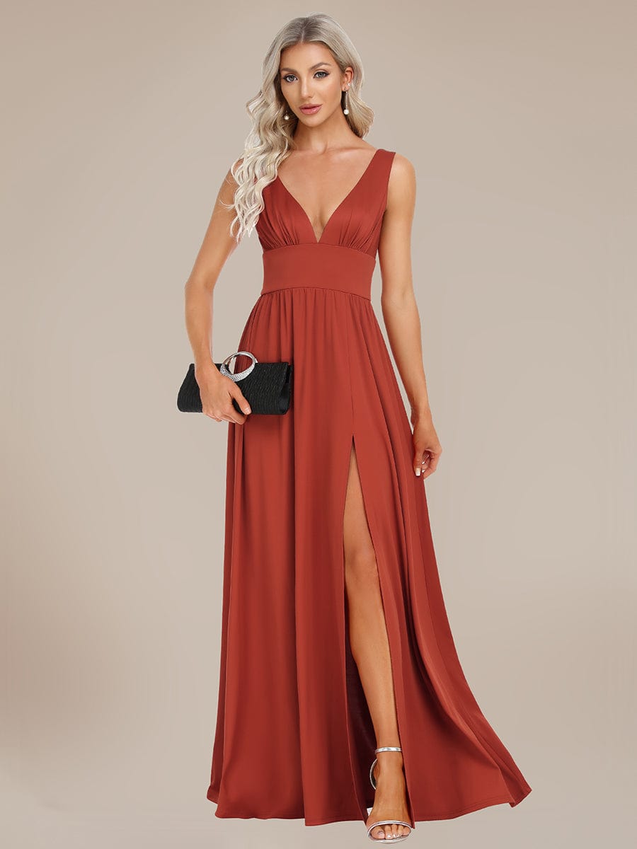 Stunning V-Neck Empire Waist Floor-Length Evening Dress with High Slit #color_Vermilion