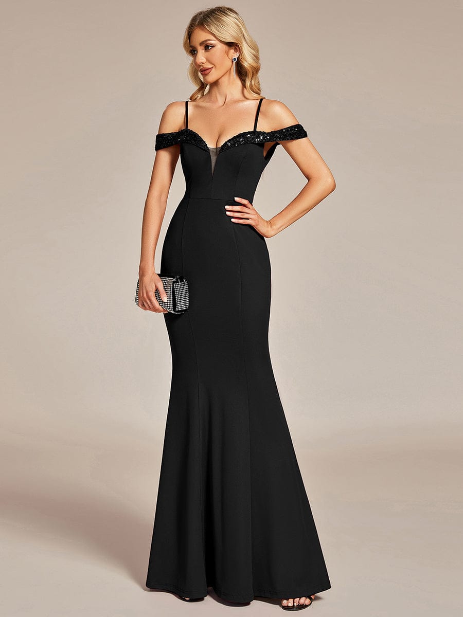 Elegant Fishtail Bodycon Evening Dress with Spaghetti Straps #color_Black