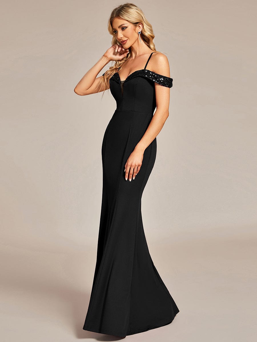 Elegant Fishtail Bodycon Evening Dress with Spaghetti Straps #color_Black