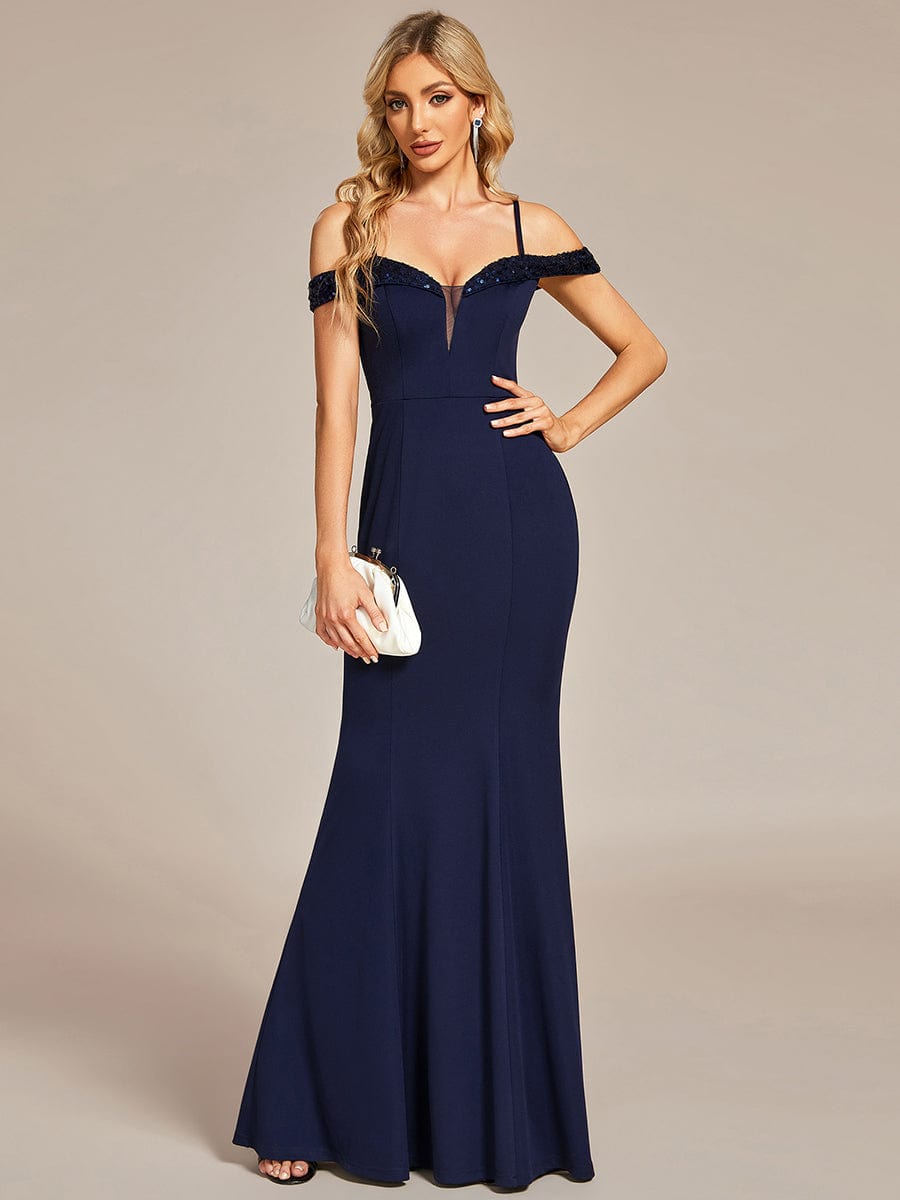 Elegant Fishtail Bodycon Evening Dress with Spaghetti Straps #color_Navy Blue