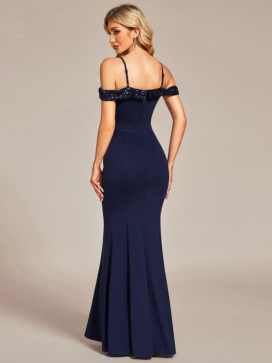 Elegant Fishtail Bodycon Evening Dress with Spaghetti Straps #color_Navy Blue