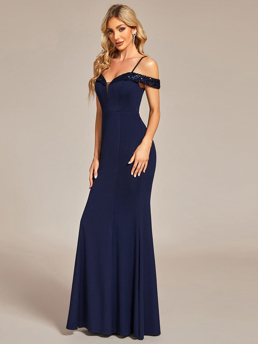 Elegant Fishtail Bodycon Evening Dress with Spaghetti Straps #color_Navy Blue