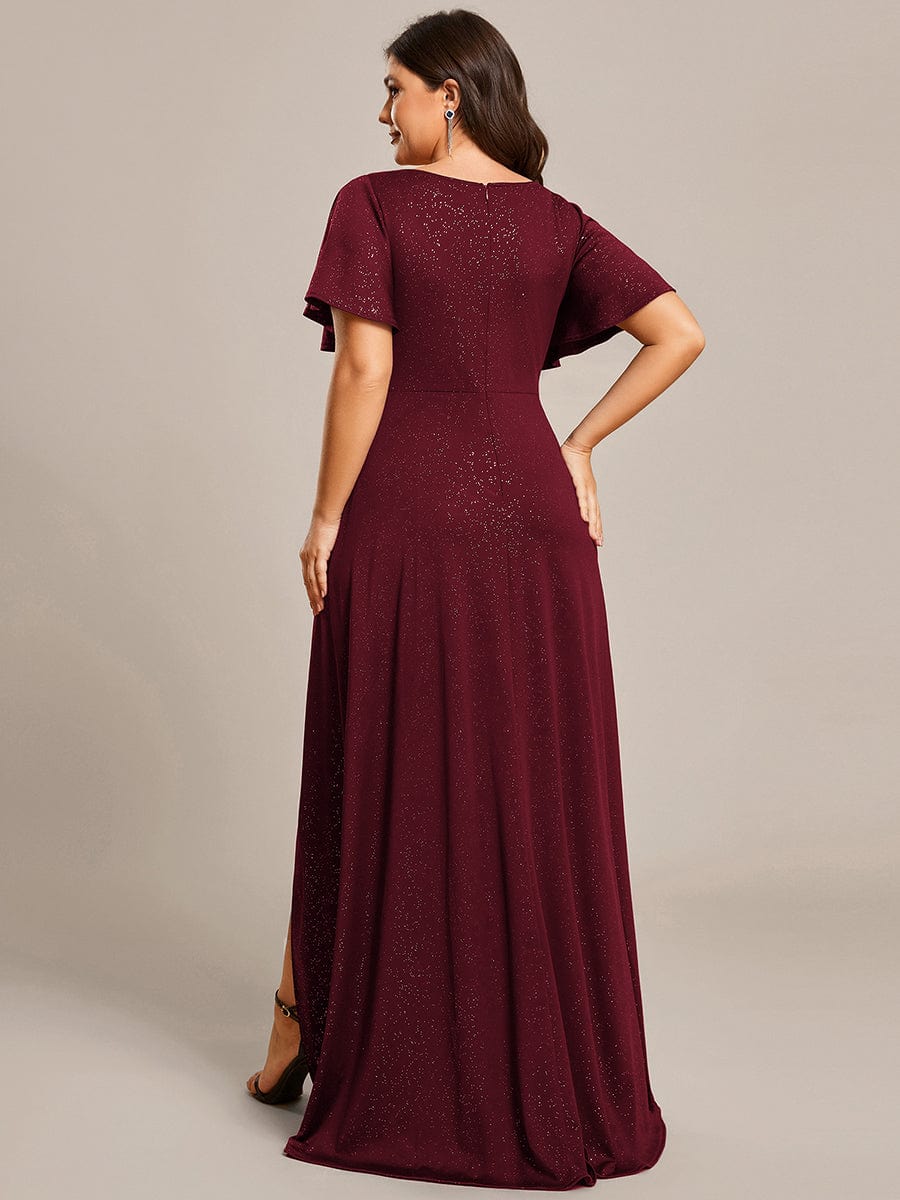 Ruffle Sleeves V Neck High Low Evening Dress #color_Burgundy