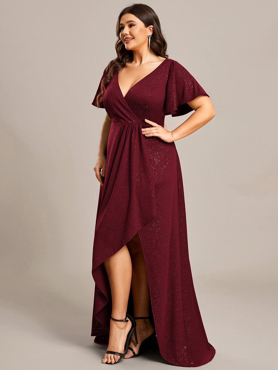 Ruffle Sleeves V Neck High Low Evening Dress #color_Burgundy