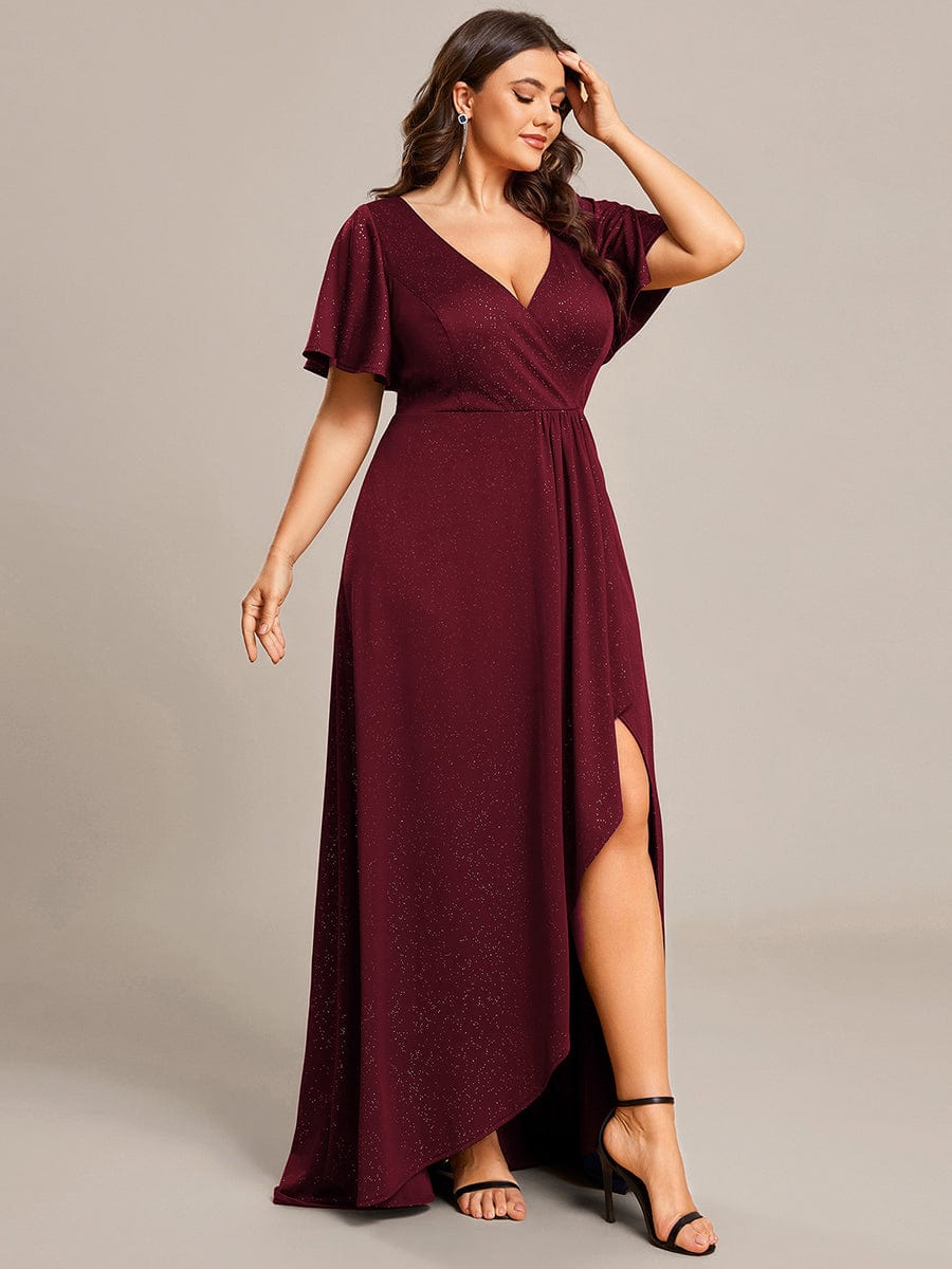 Ruffle Sleeves V Neck High Low Evening Dress #color_Burgundy