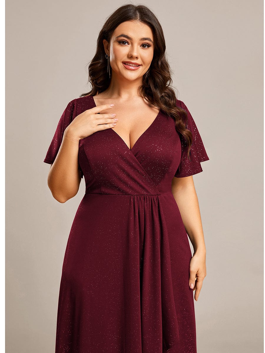 Ruffle Sleeves V Neck High Low Evening Dress #color_Burgundy