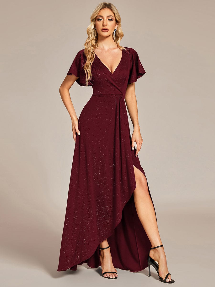 Ruffle Sleeves V Neck High Low Evening Dress #color_Burgundy