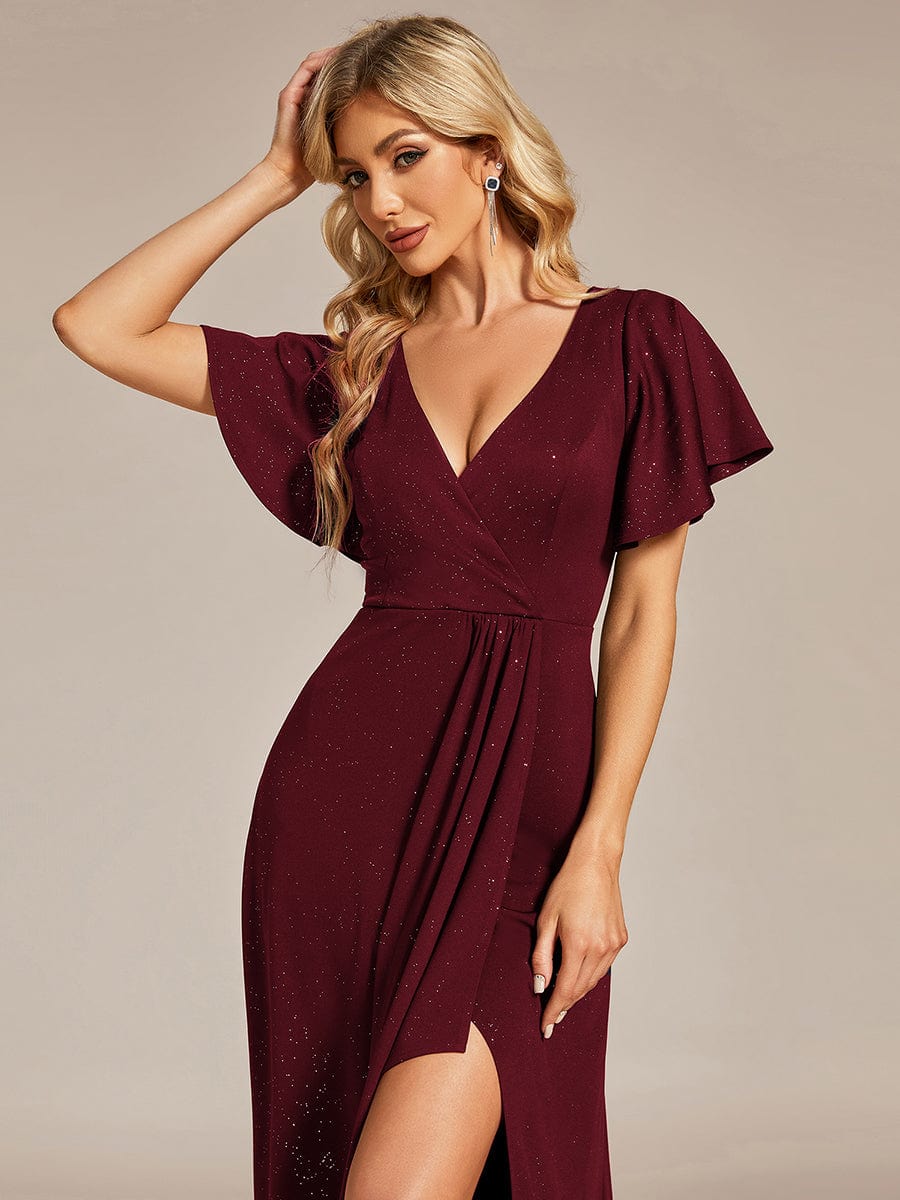 Ruffle Sleeves V Neck High Low Evening Dress #color_Burgundy