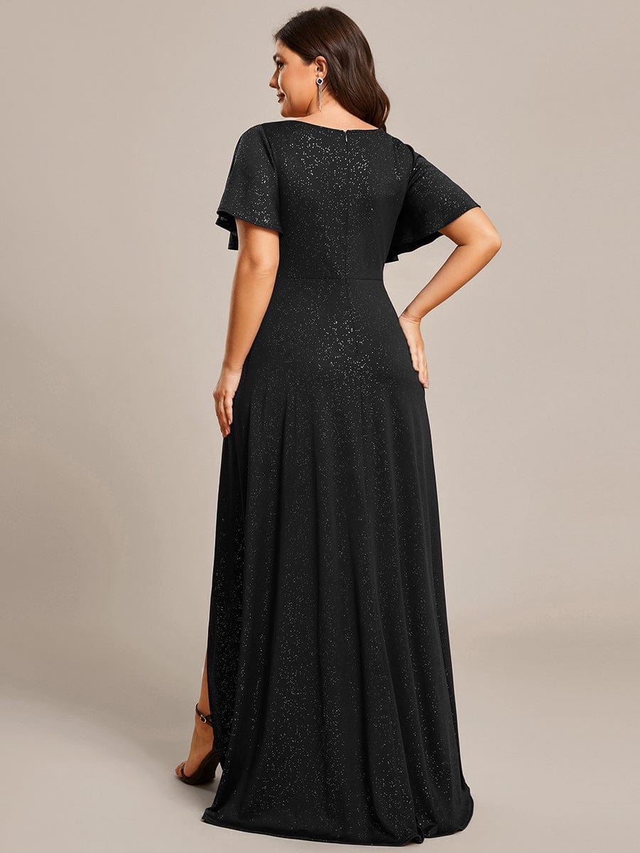 Ruffle Sleeves V Neck High Low Evening Dress #color_Black