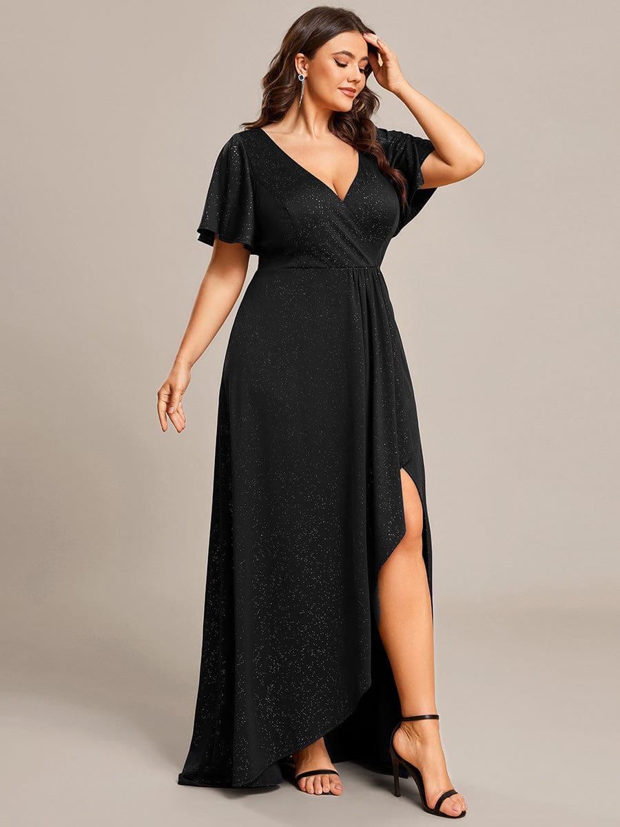 Ruffle Sleeves V Neck High Low Evening Dress #color_Black