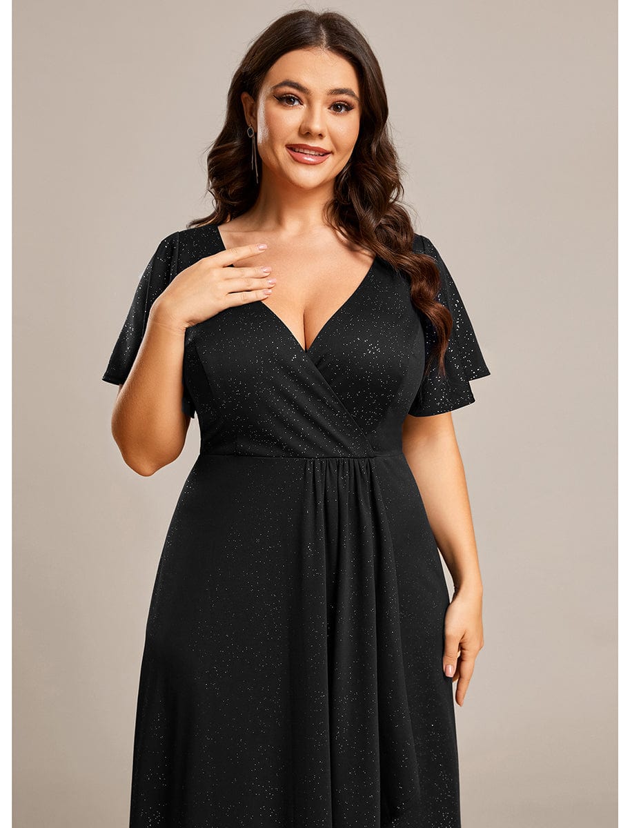 Ruffle Sleeves V Neck High Low Evening Dress #color_Black