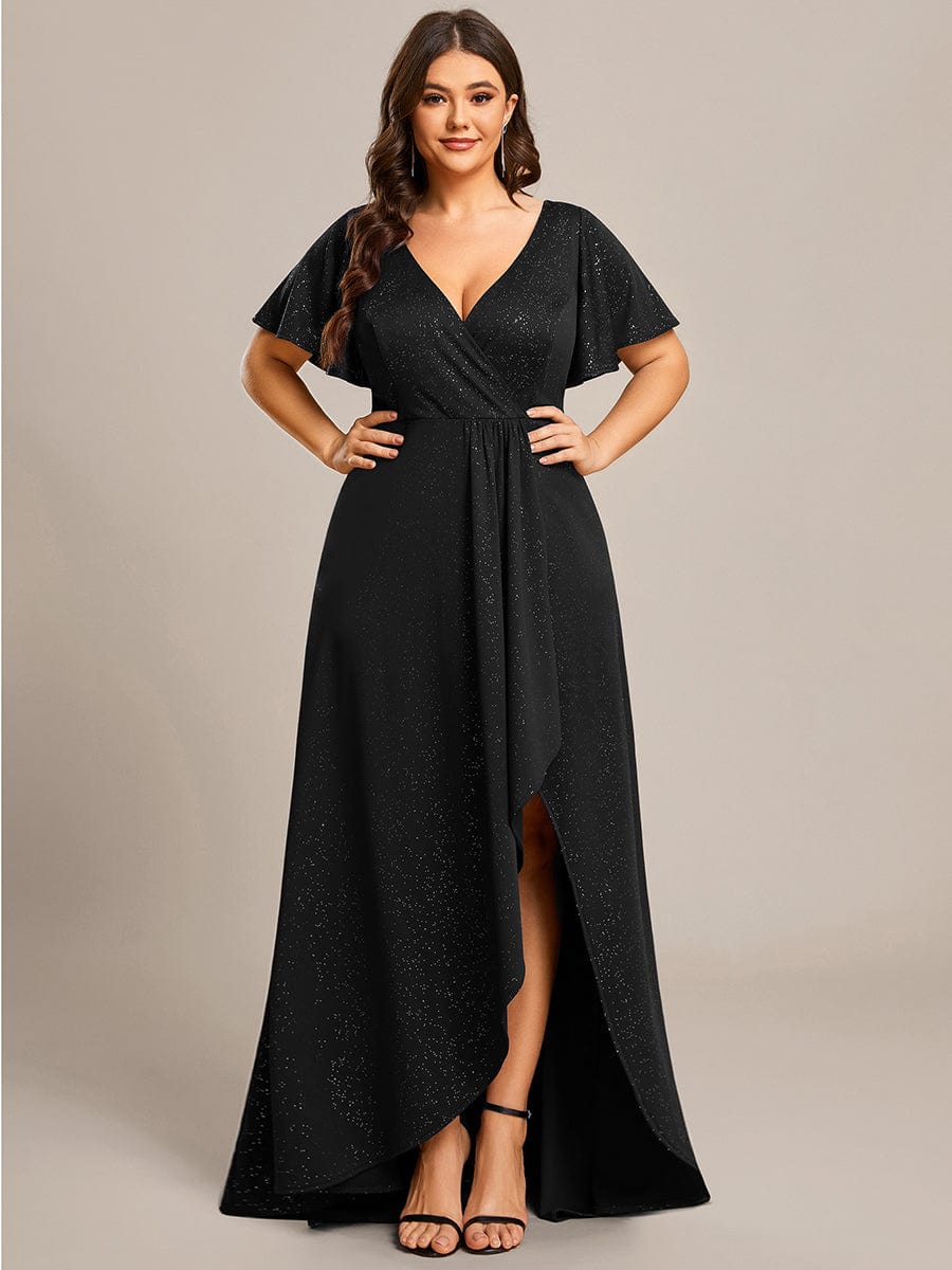 Ruffle Sleeves V Neck High Low Evening Dress #color_Black