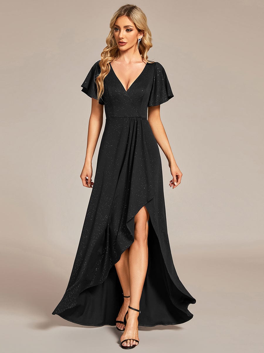 Ruffle Sleeves V Neck High Low Evening Dress #color_Black