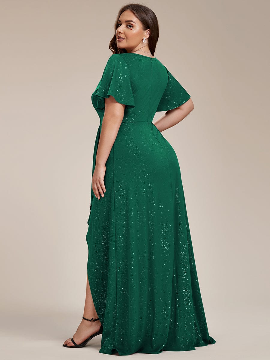 Ruffle Sleeves V Neck High Low Evening Dress #color_Dark Green