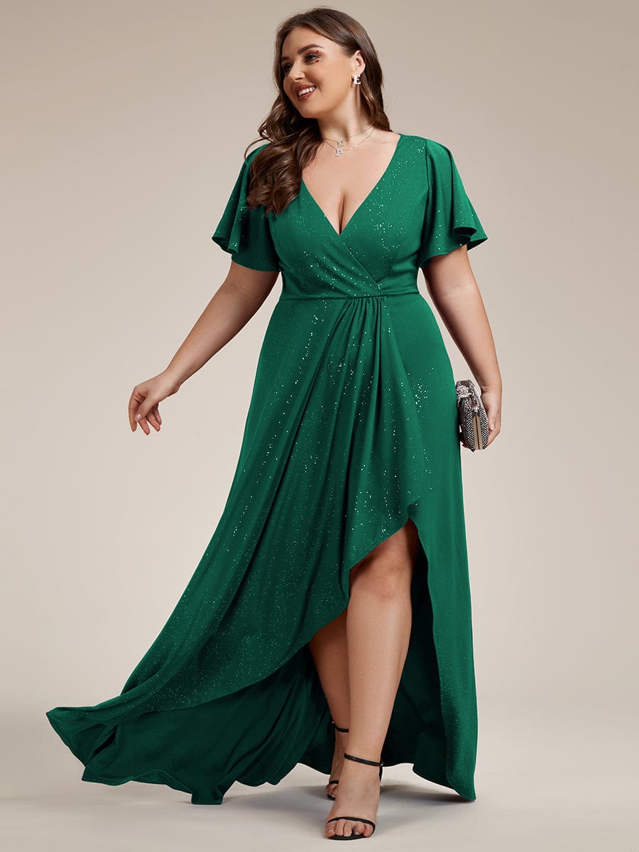 Ruffle Sleeves V Neck High Low Evening Dress #color_Dark Green