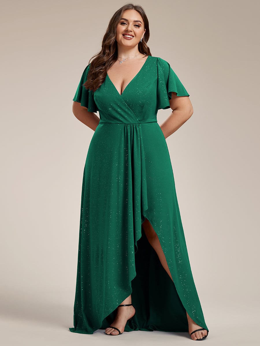 Ruffle Sleeves V Neck High Low Evening Dress #color_Dark Green