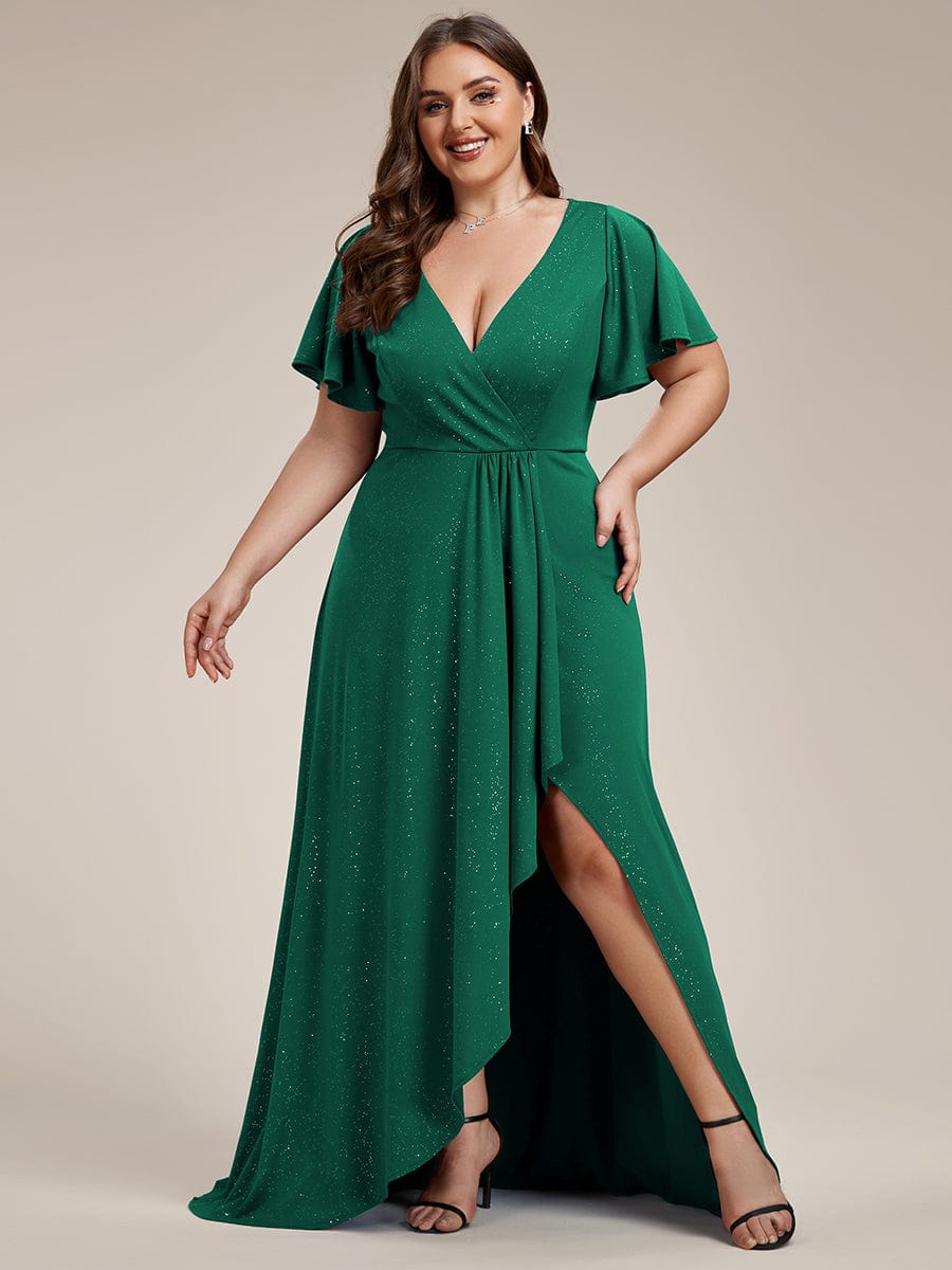 Ruffle Sleeves V Neck High Low Evening Dress #color_Dark Green