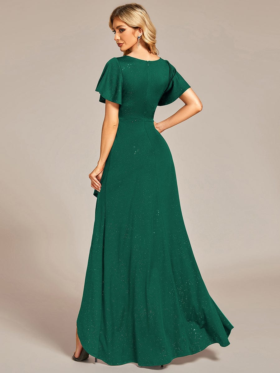 Ruffle Sleeves V Neck High Low Evening Dress #color_Dark Green