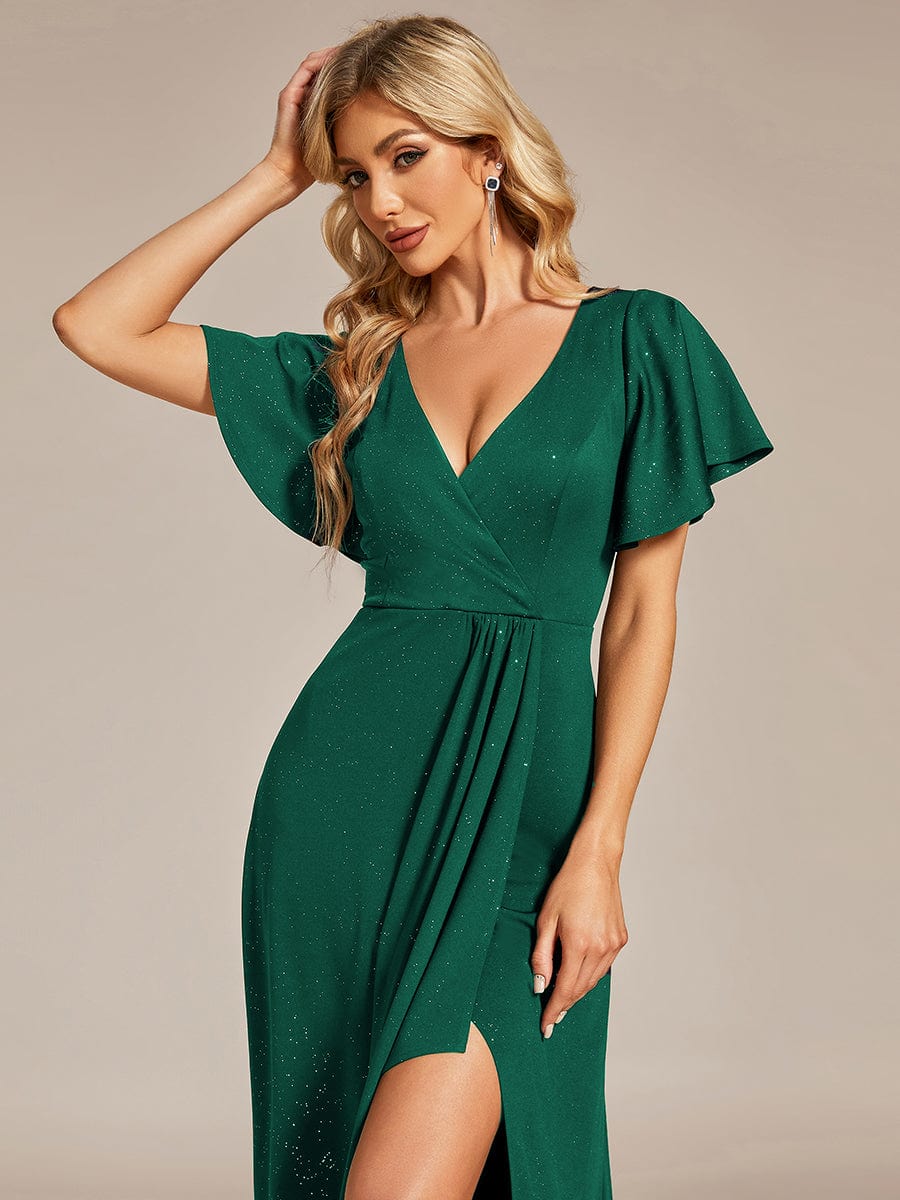 Ruffle Sleeves V Neck High Low Evening Dress #color_Dark Green