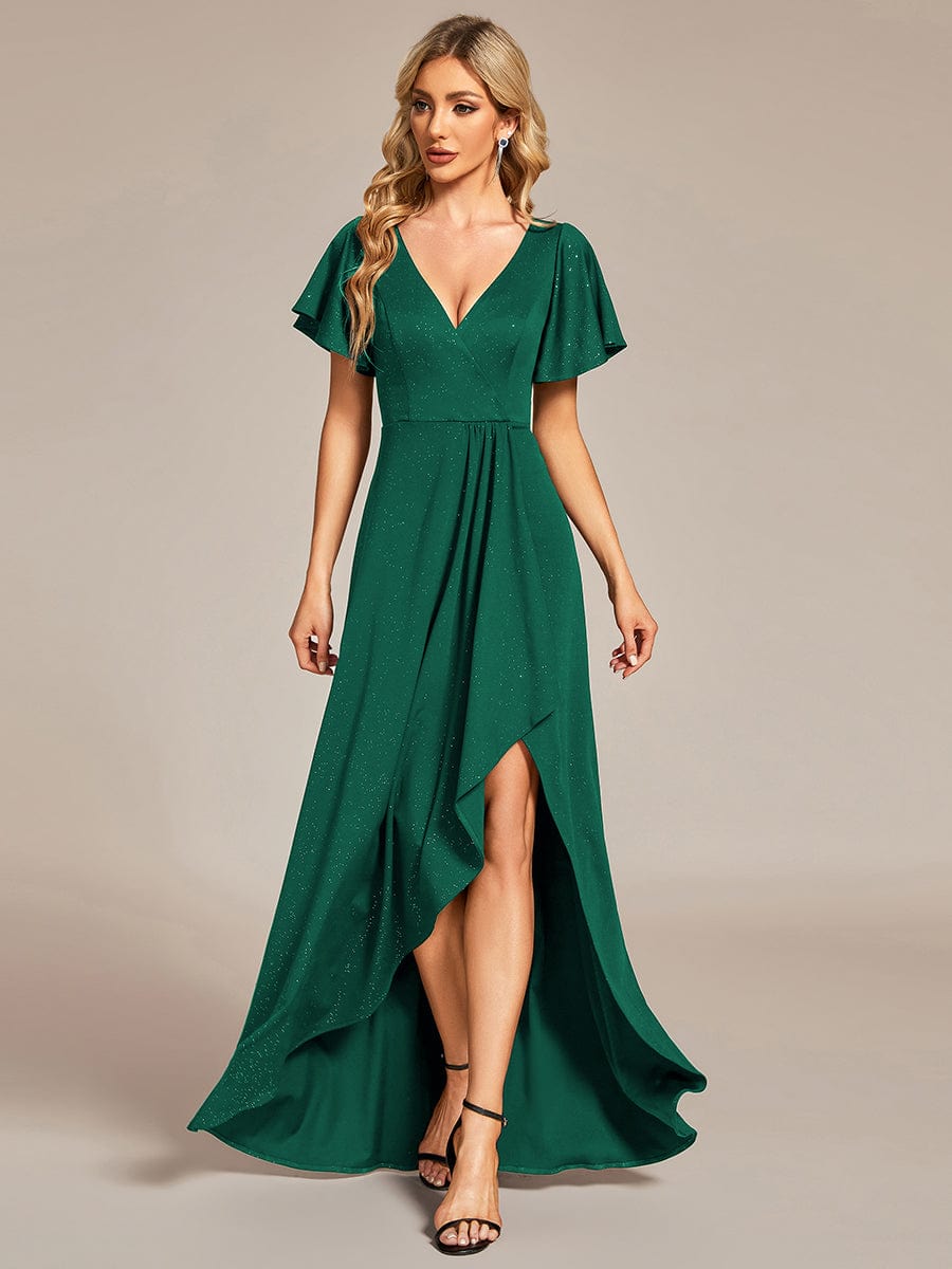 Ruffle Sleeves V Neck High Low Evening Dress #color_Dark Green