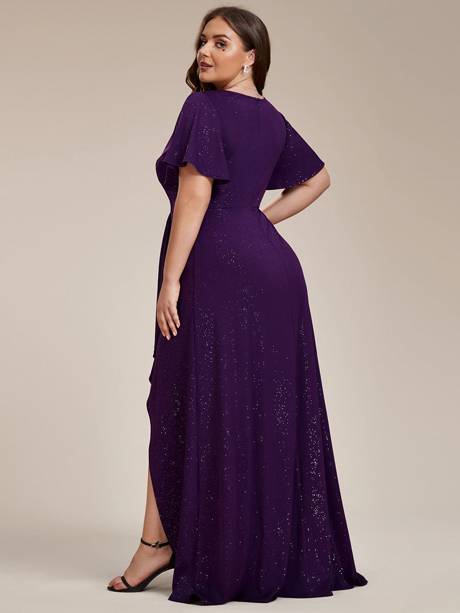 Ruffle Sleeves V Neck High Low Evening Dress #color_Dark Purple