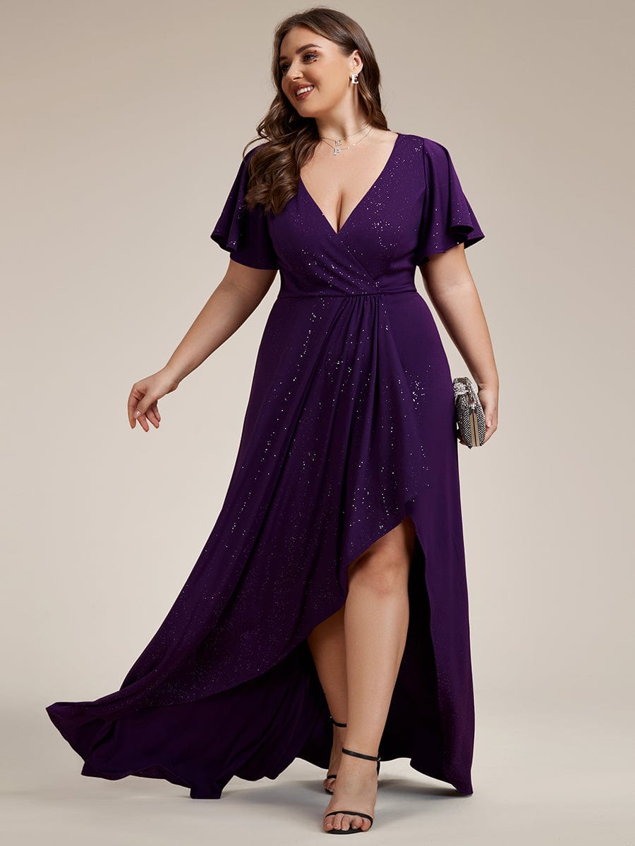 Ruffle Sleeves V Neck High Low Evening Dress #color_Dark Purple