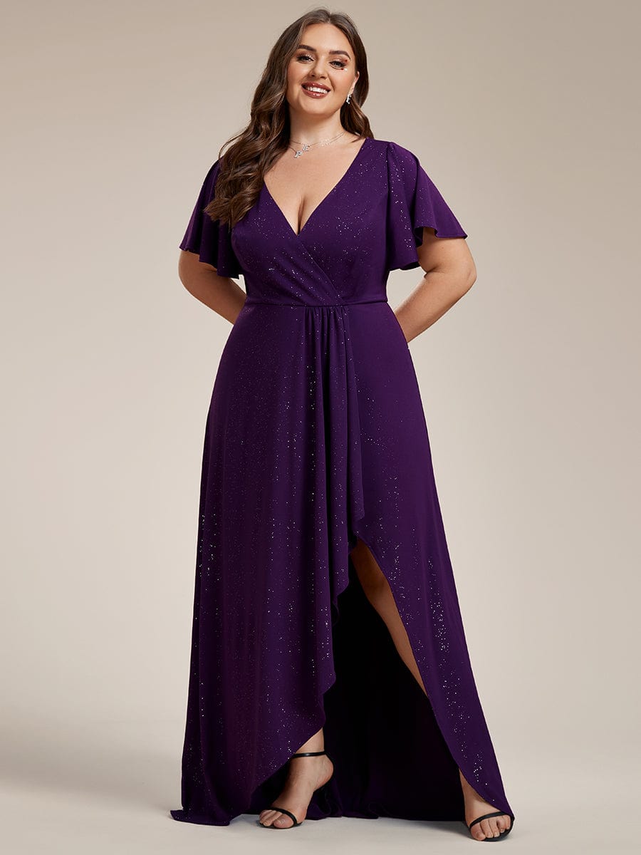 Ruffle Sleeves V Neck High Low Evening Dress #color_Dark Purple