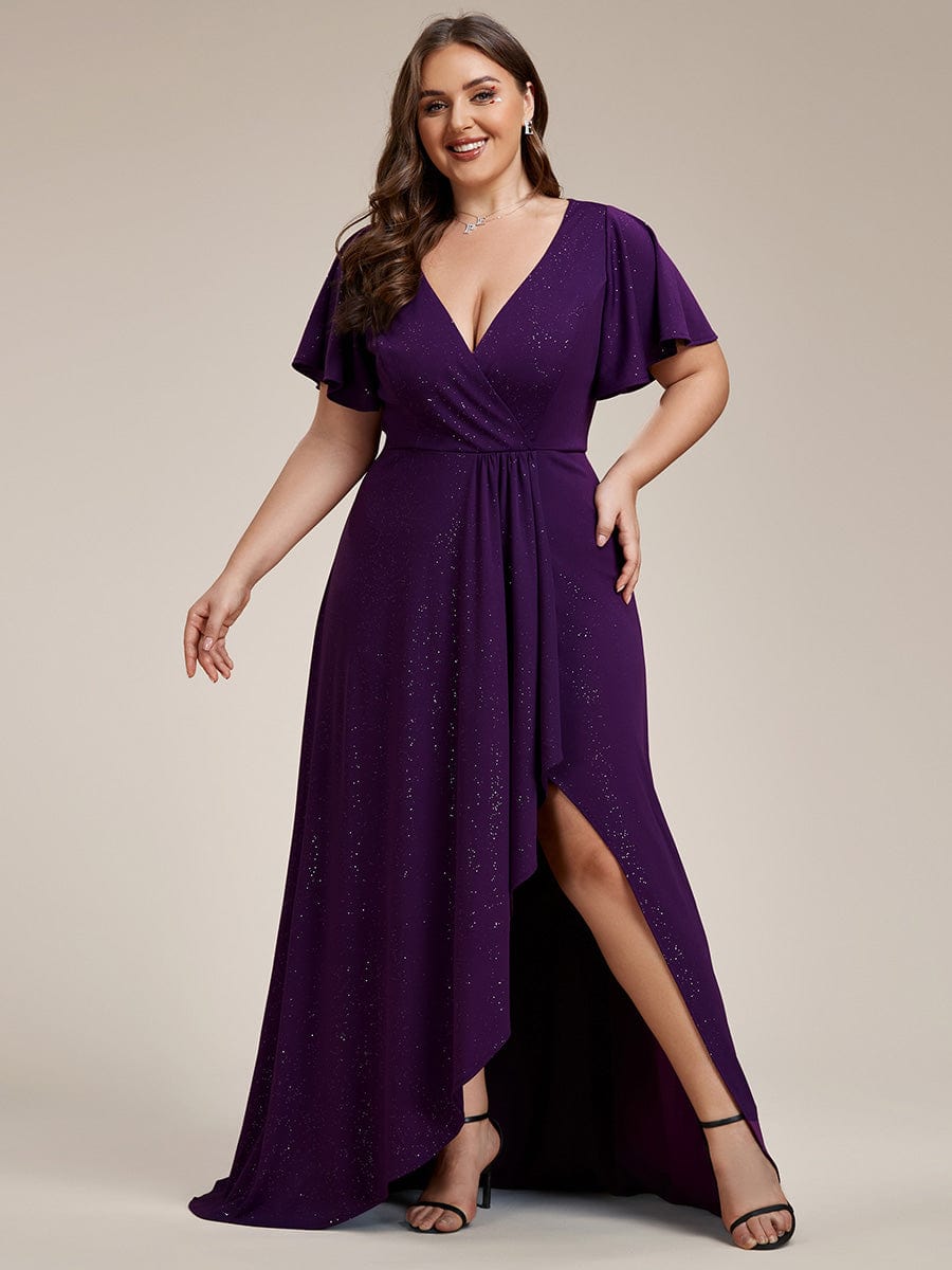 Ruffle Sleeves V Neck High Low Evening Dress #color_Dark Purple