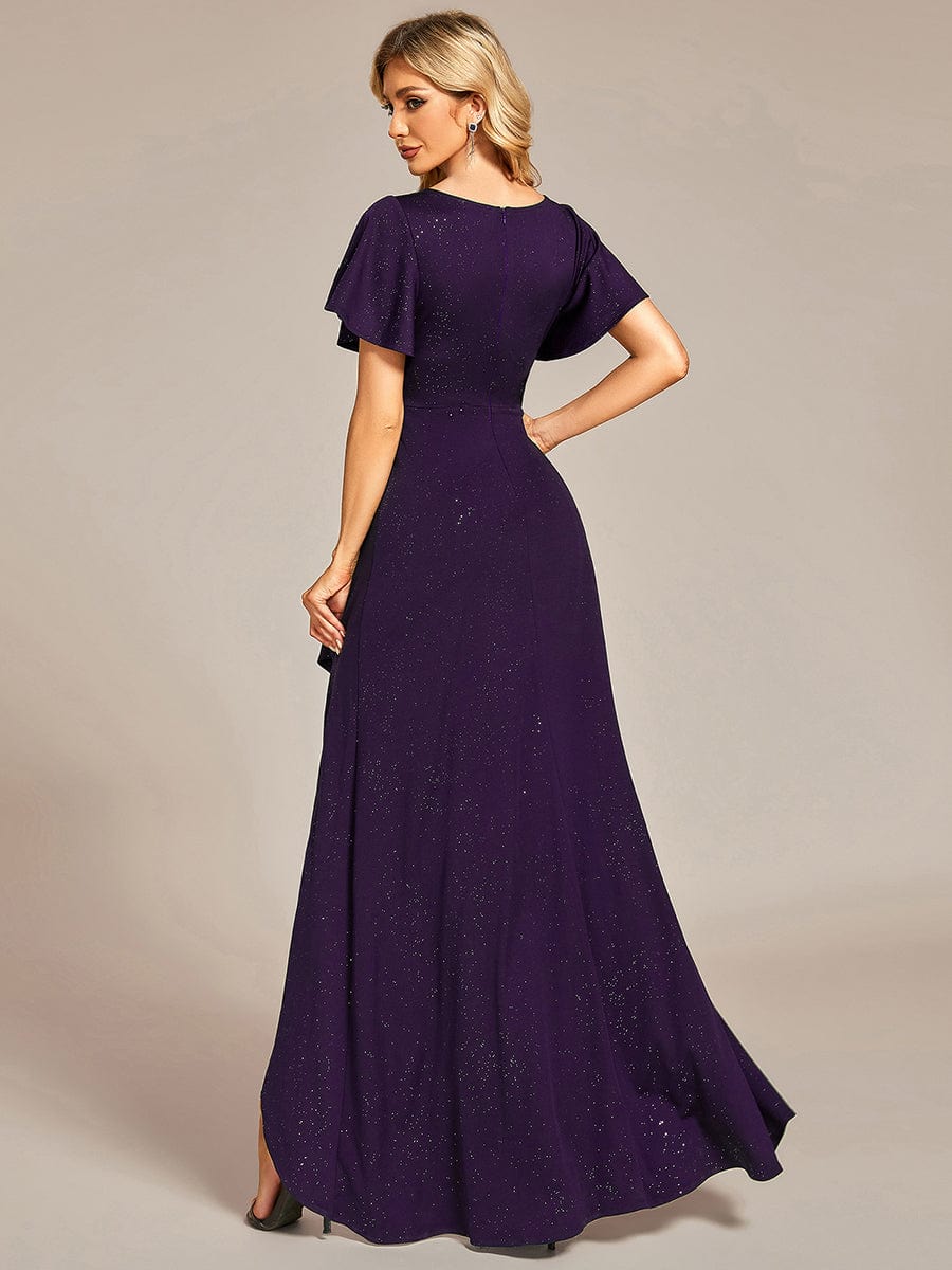 Ruffle Sleeves V Neck High Low Evening Dress #color_Dark Purple