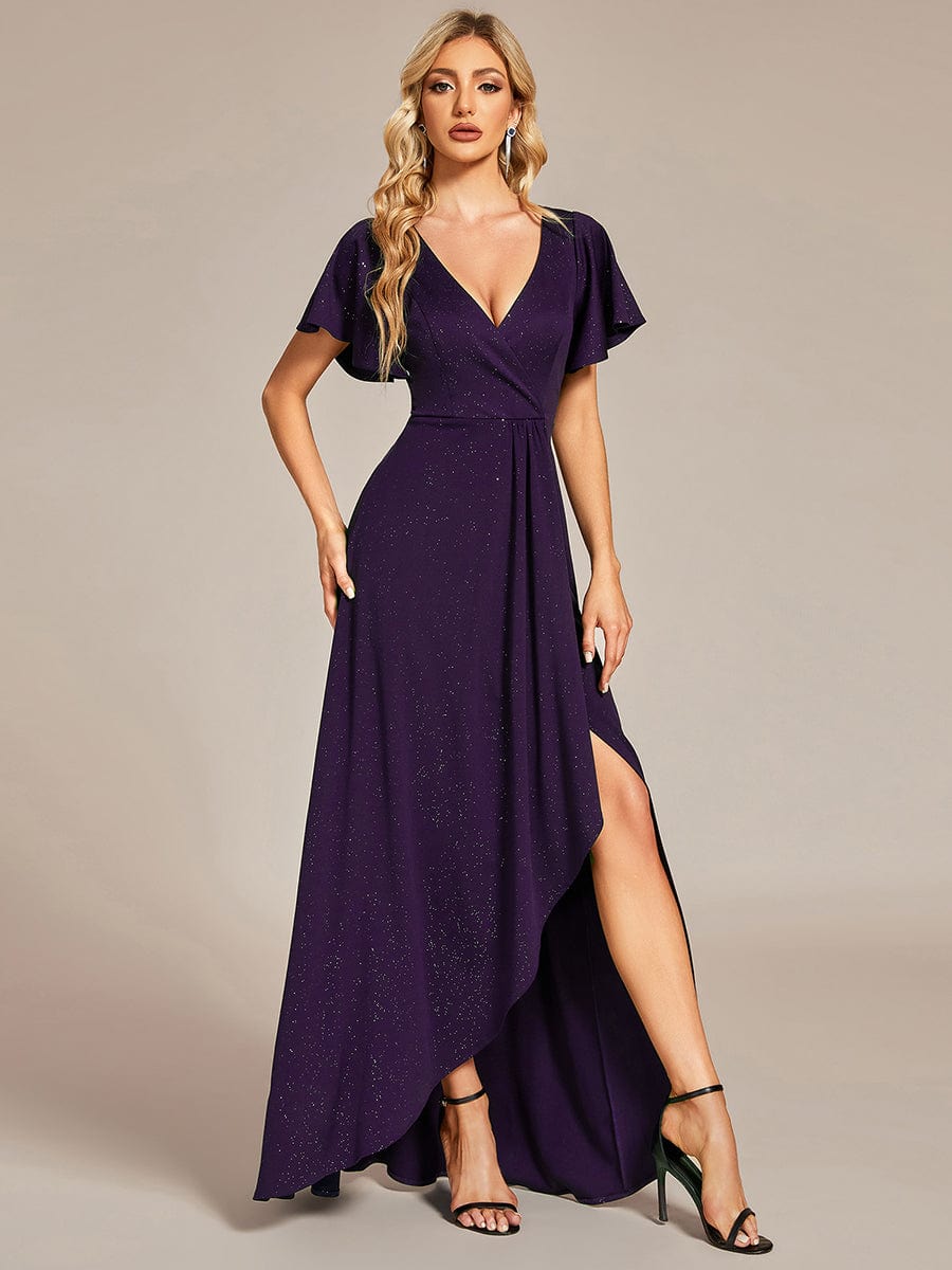 Ruffle Sleeves V Neck High Low Evening Dress #color_Dark Purple