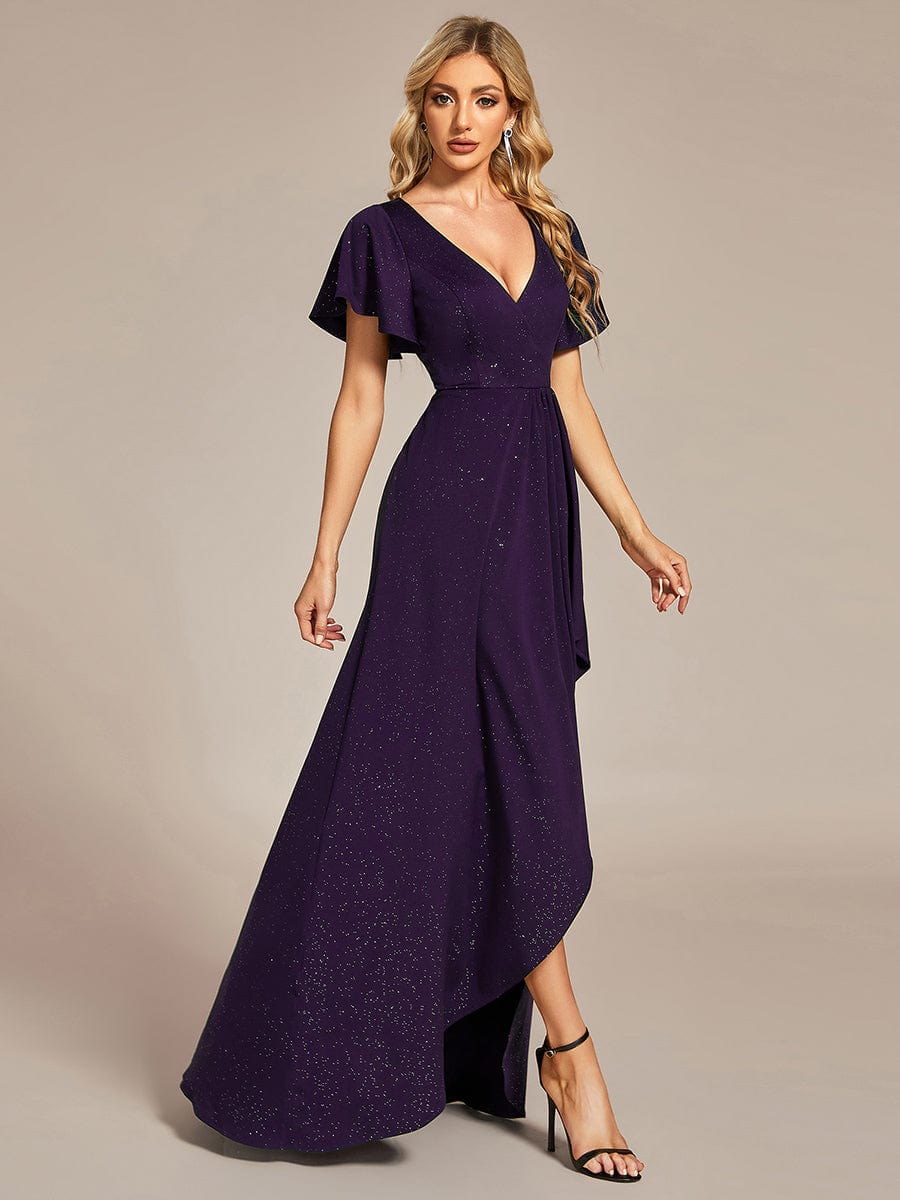 Ruffle Sleeves V Neck High Low Evening Dress #color_Dark Purple