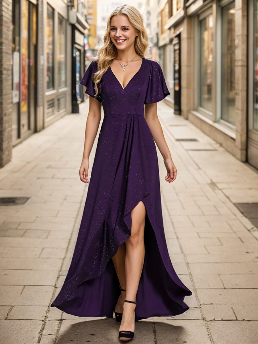 Ruffle Sleeves V Neck High Low Evening Dress #color_Dark Purple