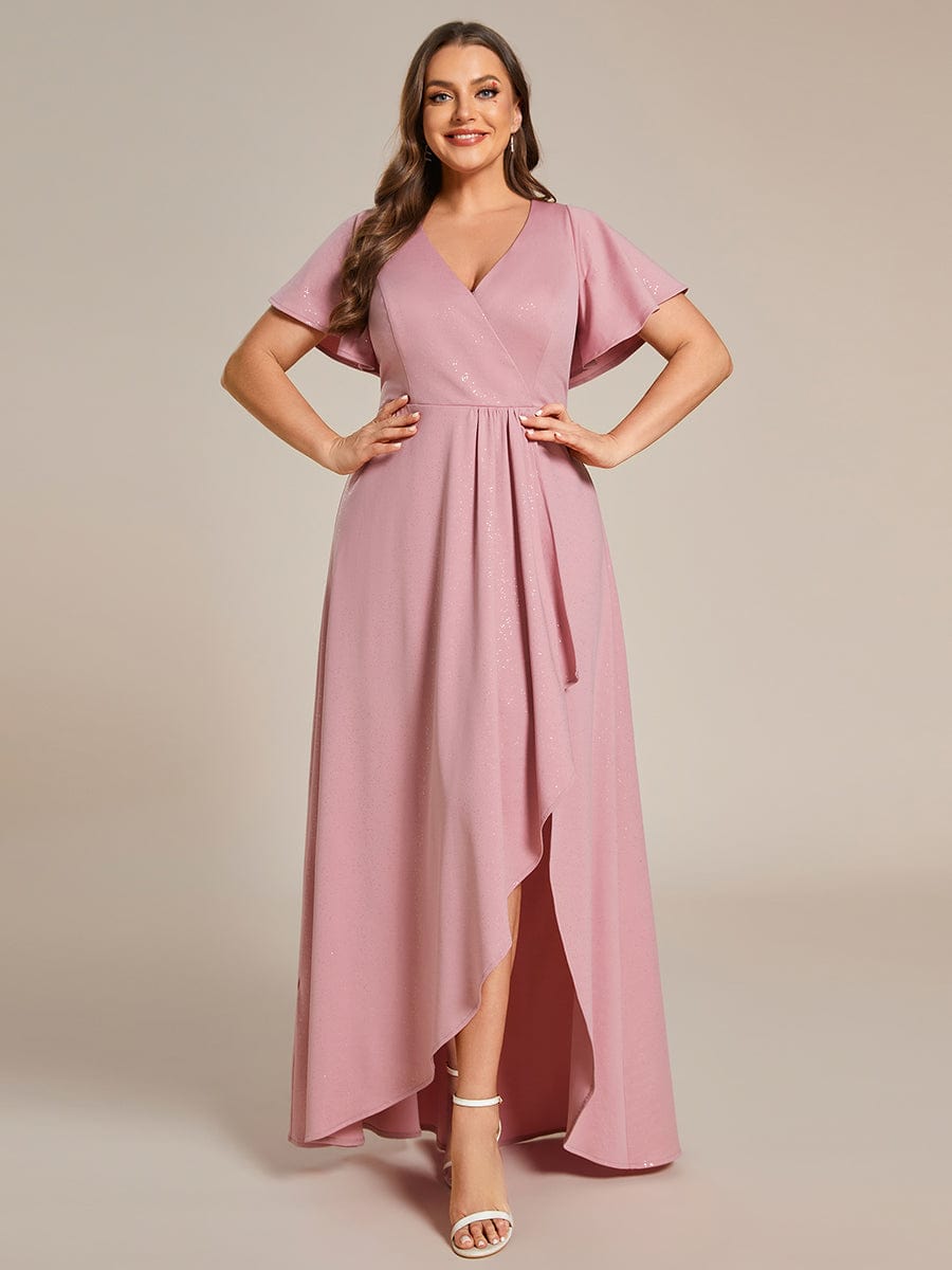 Ruffle Sleeves V Neck High Low Evening Dress #color_Dusty Rose