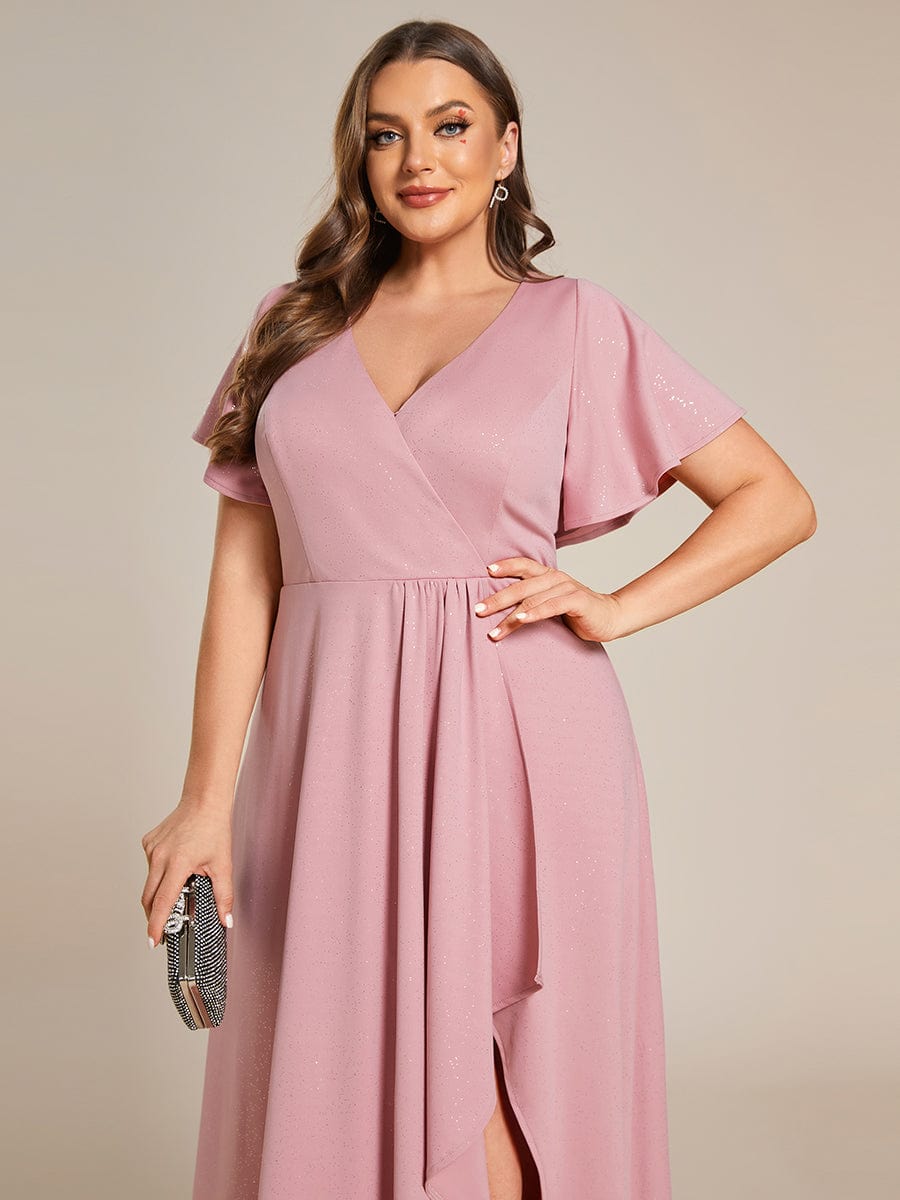 Ruffle Sleeves V Neck High Low Evening Dress #color_Dusty Rose