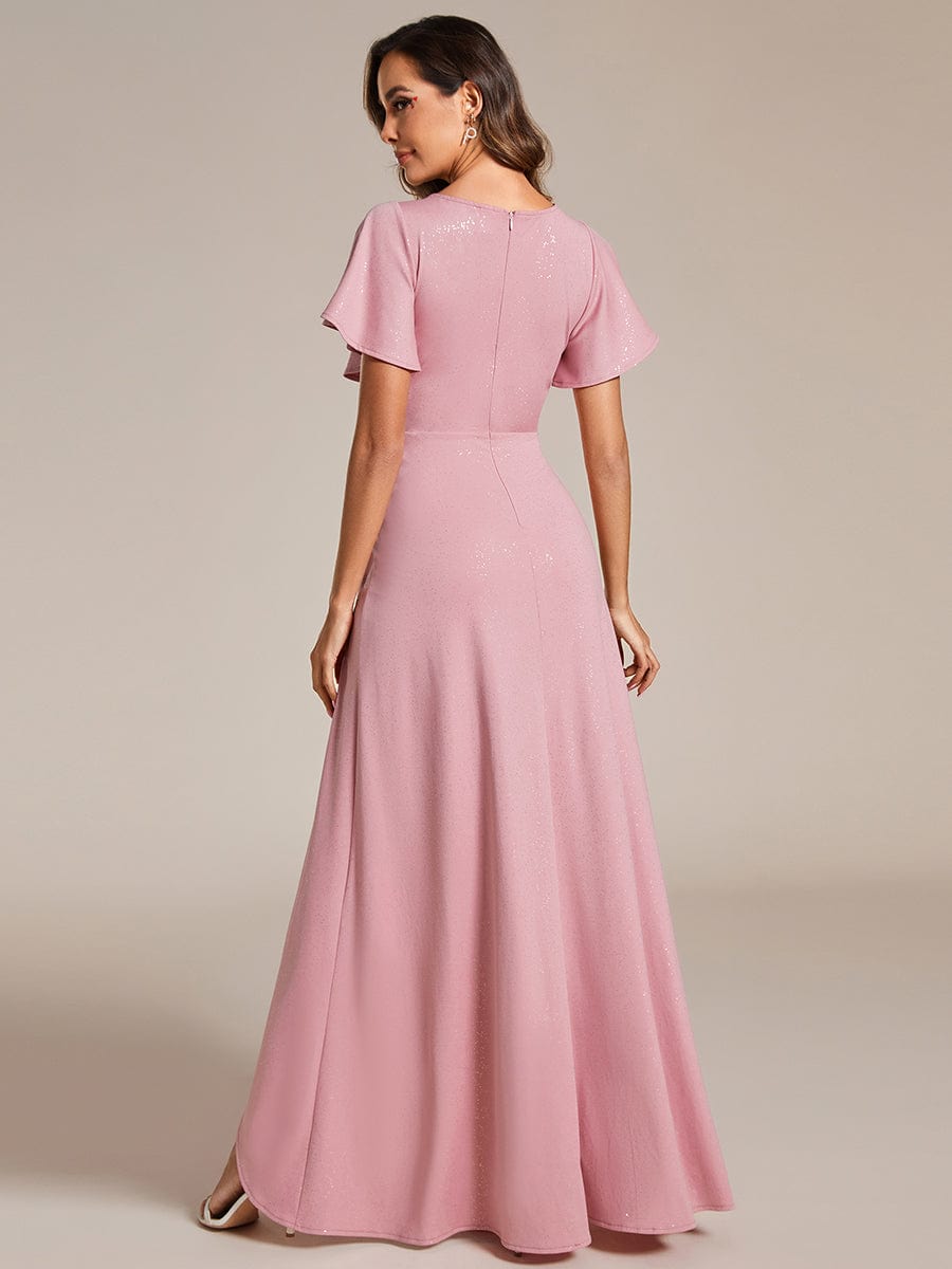 Ruffle Sleeves V Neck High Low Evening Dress #color_Dusty Rose