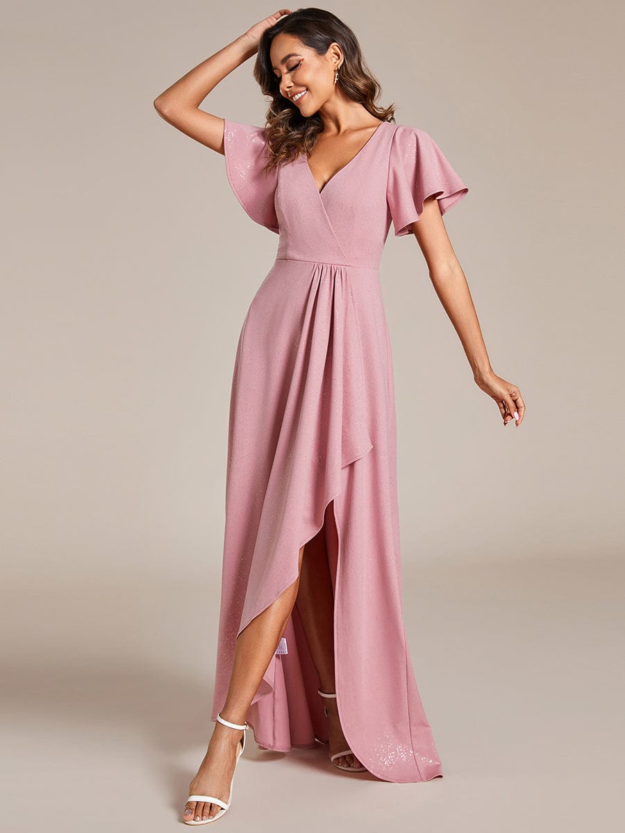 Ruffle Sleeves V Neck High Low Evening Dress #color_Dusty Rose