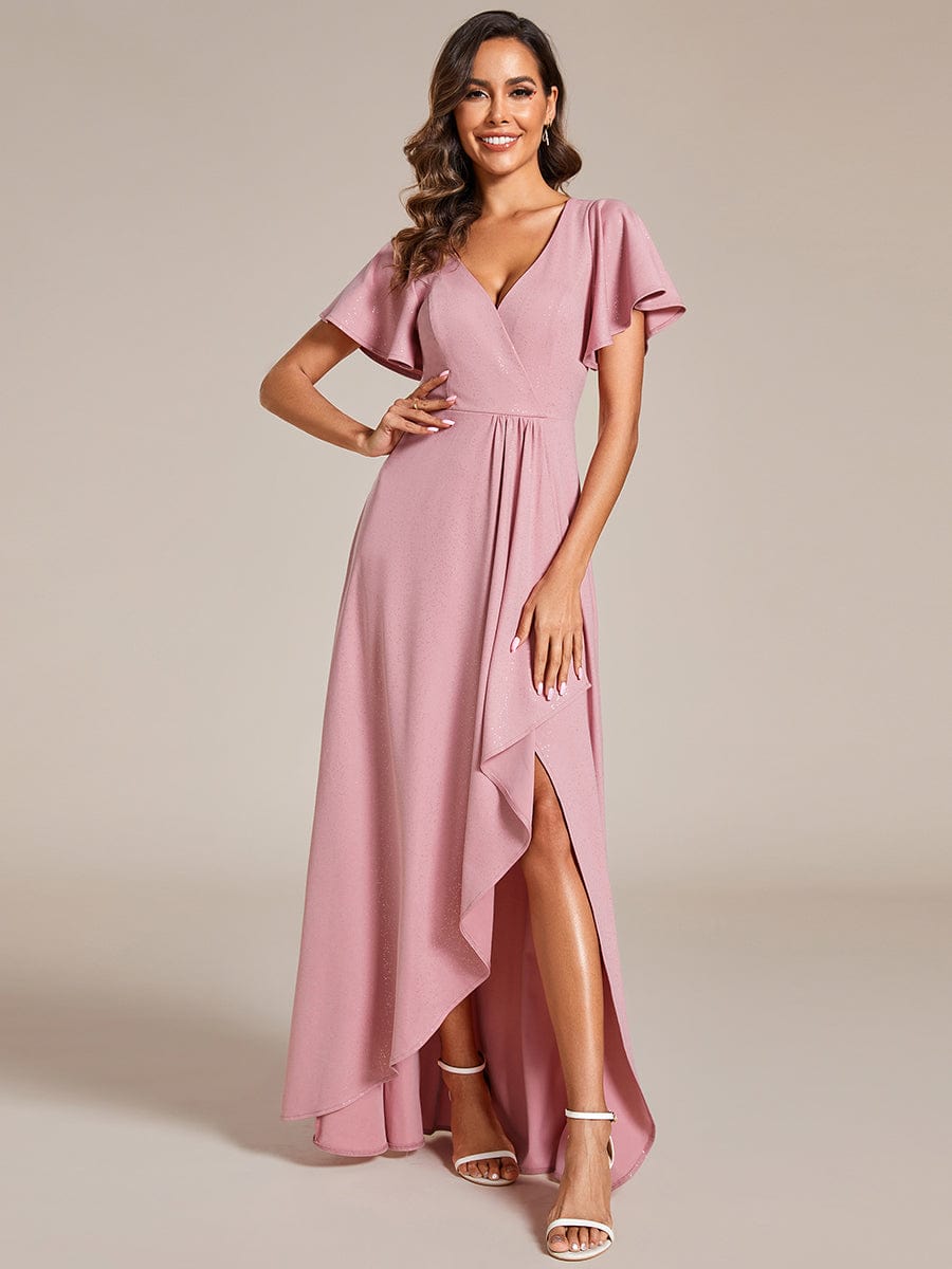 Ruffle Sleeves V Neck High Low Evening Dress #color_Dusty Rose