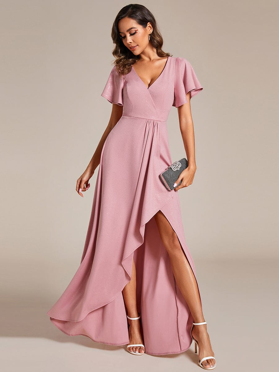 Ruffle Sleeves V Neck High Low Evening Dress #color_Dusty Rose