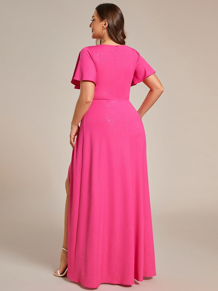 Ruffle Sleeves V Neck High Low Evening Dress #color_Hot Pink