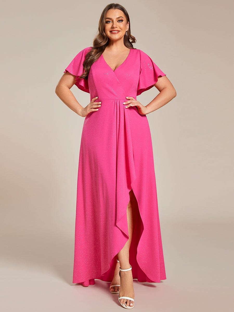 Ruffle Sleeves V Neck High Low Evening Dress #color_Hot Pink