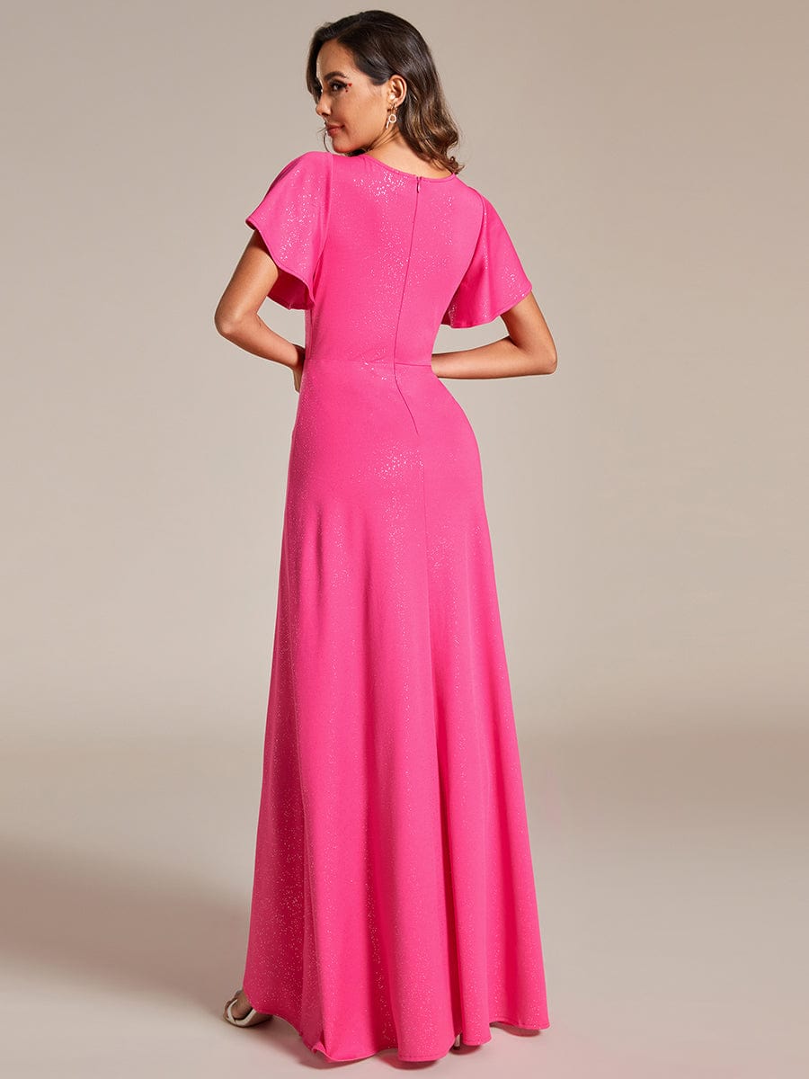 Ruffle Sleeves V Neck High Low Evening Dress #color_Hot Pink