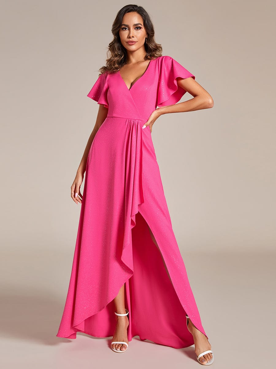 Ruffle Sleeves V Neck High Low Evening Dress #color_Hot Pink