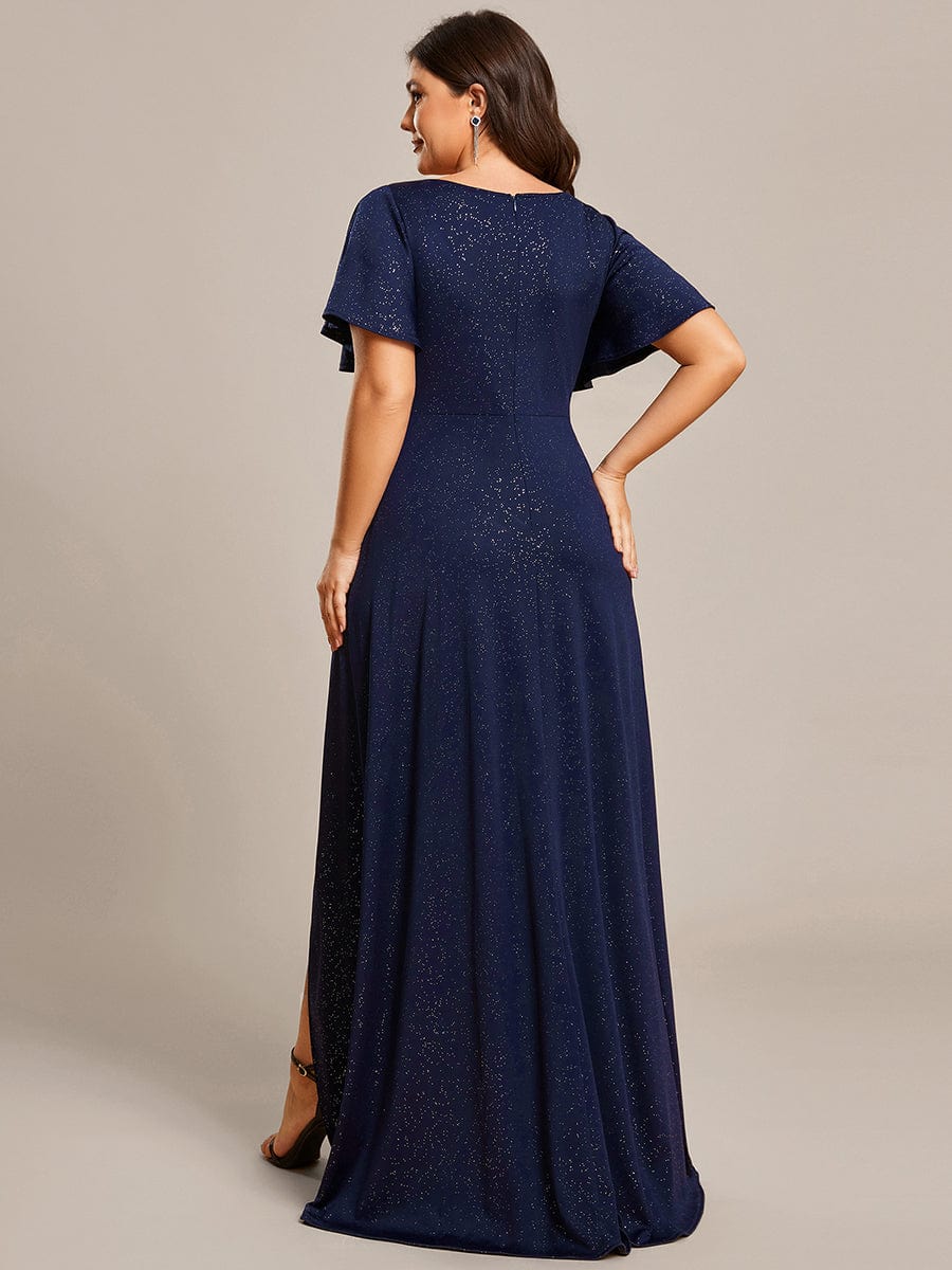 Ruffle Sleeves V Neck High Low Evening Dress #color_Navy Blue